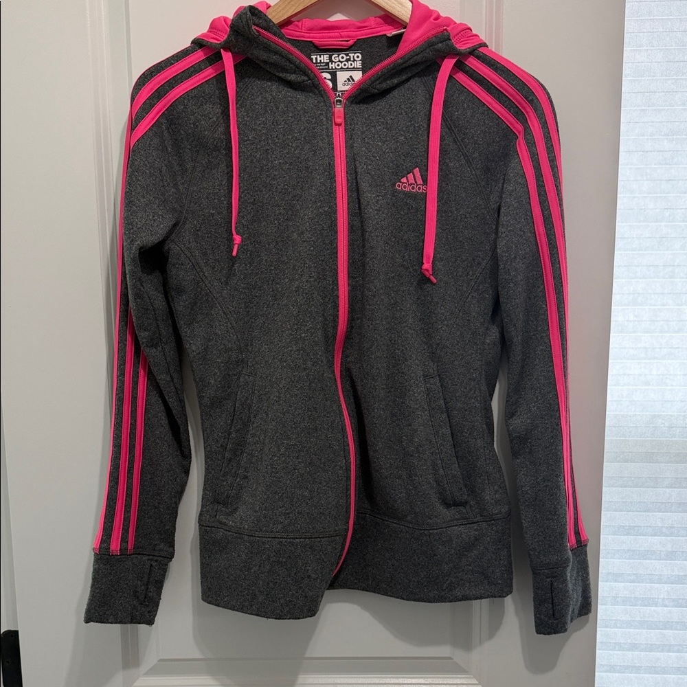 Small Heather Grey with Pink Accents Full Zip Adidas The Go To Zip Up Hoodie